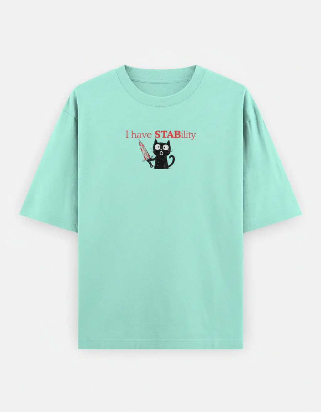 Mint green t-shirt with a graphic and text on a white background