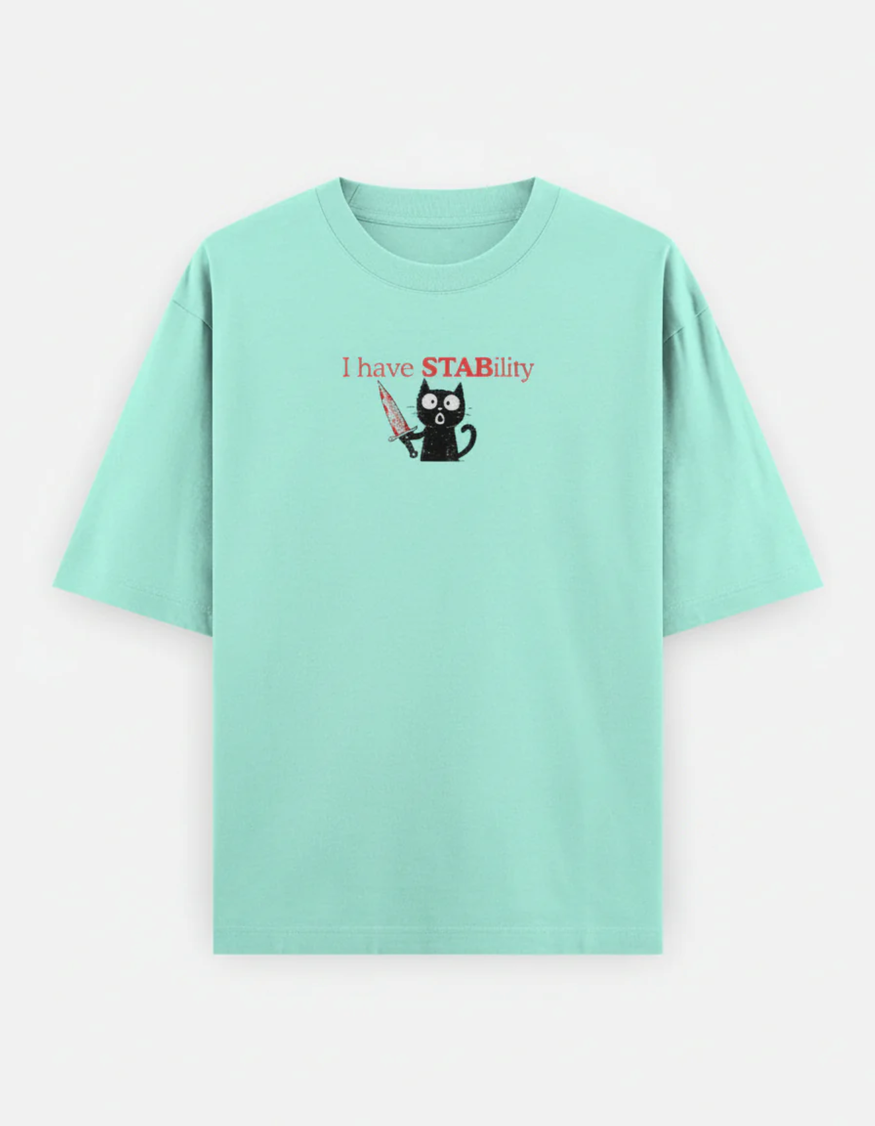 Mint green t-shirt with a graphic and text on a white background